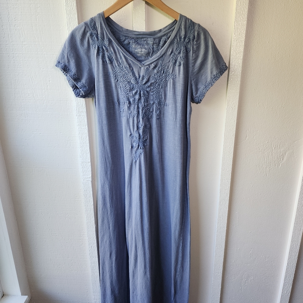 Karyn Seo Dusty Blue Embroidered Maxi Dress Size Small